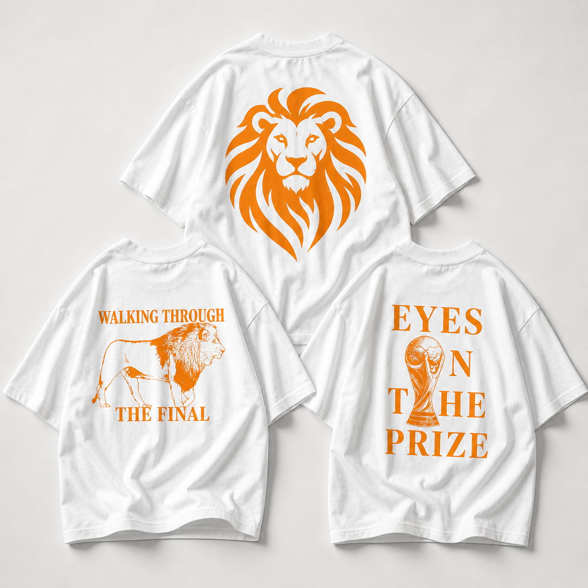 OranjeWear limited edition oversized shirts WK 2026 — oranje leeuw, walking through the final en eyes on the prize collectie