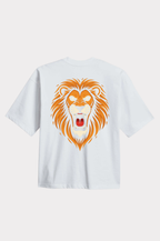 wit oversized shirt achterkant met oranje leeuwenkop print WK 2026 OranjeWear